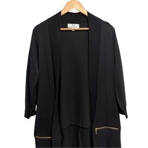 Magaschoni Open Face Black Knit Cardigan with Gold Zipper Detail 3/4 Sleeves